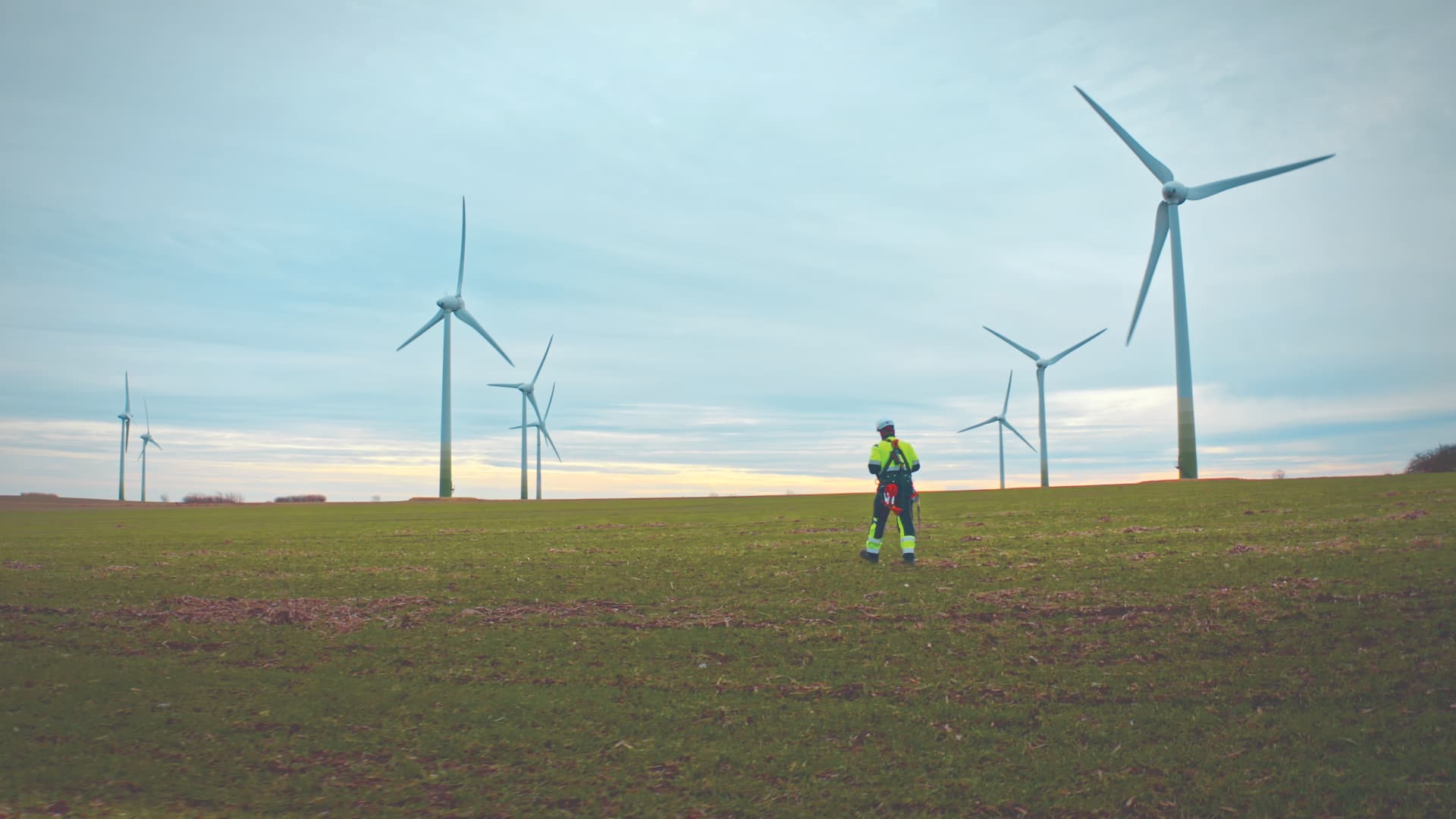 Technician standing in a field at an onshore wind farm