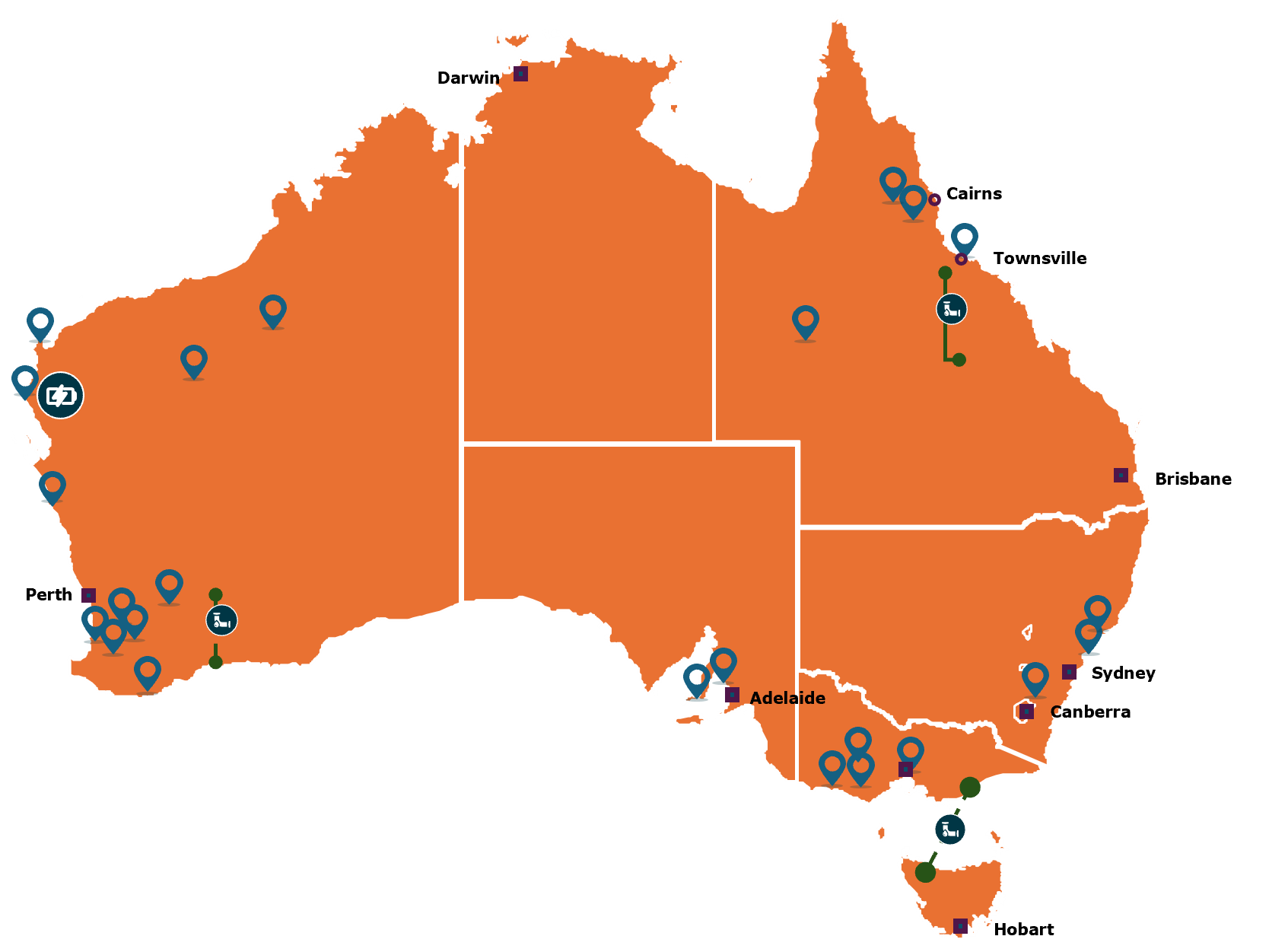 Map of Australia showing SPIE Power Services sites, offices, energy storage projects and gas pipelines